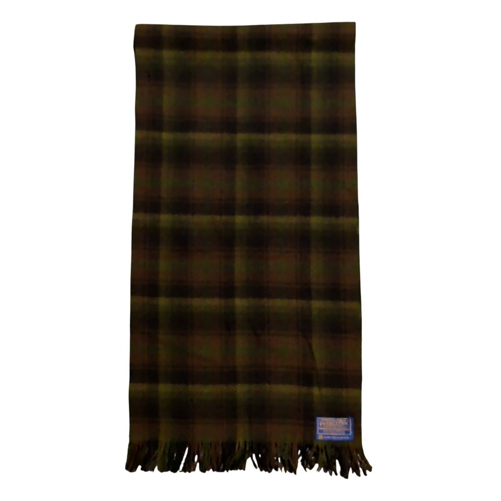 Vintage Pendleton 100% Virgin Wool Plaid Scarf Fringe Green Made in USA